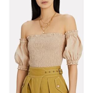 NWOT INTERMIX Marissa Smocked Puff Sleeve Crop Top Beige Large